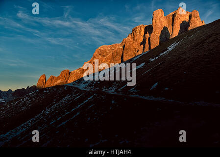 Sunset over the Tower of Sella in magical winter end of the day, Dolomiti - Italy Stock Photo
