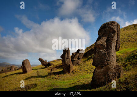 Giant monolithic stone Moai statues at Rano Raraku, Rapa Nui (Easter Island), UNESCO World Heritage Site, Chile, South America