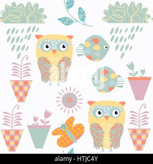 Floral spring fantasy odd seamless pattern with owls, fish and butterfly. It is located in swatch menu, vector. Cute funny background. Stock Vector