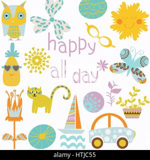 Floral vector card with cat, butterfly and owl and with inscription Happy all day. Cute background. Stock Vector