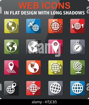 globes icons set in flat design with long shadow Stock Vector