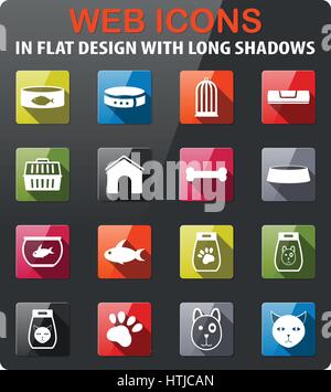 goods for pets icons set in flat design with long shadow Stock Vector