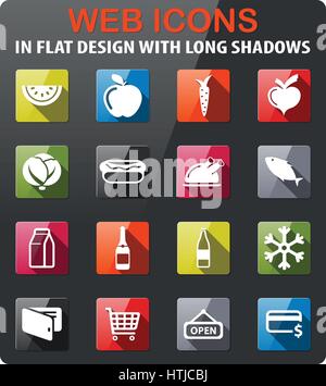 Grocery icons set in flat design with long shadow Stock Vector