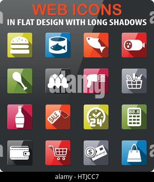 grocery store icons set in flat design with long shadow Stock Vector