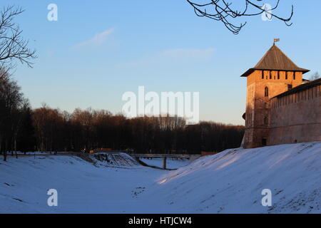 Novgorod Kremlin on a winter day. February 2017. The Fortress was built in Middle Ages and now is the main tourist attraction in the town. Stock Photo