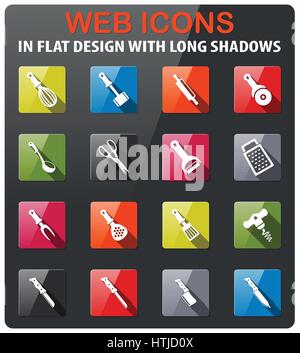 kitchen tools icons set in flat design with long shadow Stock Vector