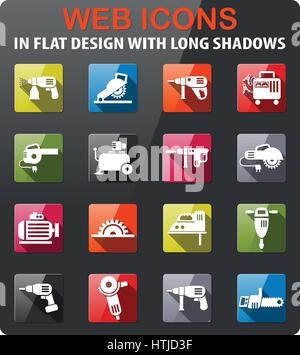 machine tools icons set in flat design with long shadow Stock Vector