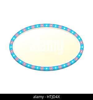 Blank 3d oval retro light banner with shining lights. Blue sign with blue and red bulbs and bright blank space for text. Vintage street signboard. Advertising frame. Colorful vector illustration. Stock Vector