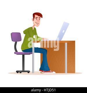 Young man working on computer. Smiling teenager boy sitting on the chair with laptop isolated on white background. Freelancer works at home. Character flat vector illustration. EPS10. Stock Vector