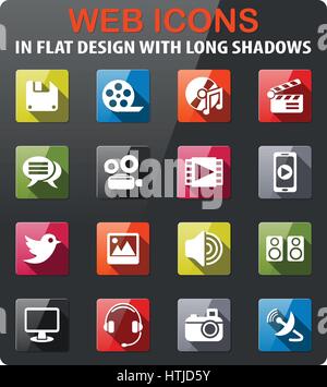 media icons set in flat design with long shadow Stock Vector