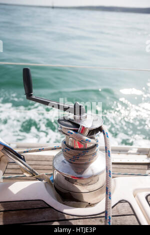 Closeup Of Rope On Sailboat Winch Stock Photo