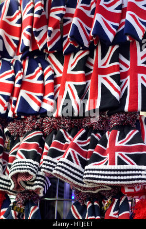 Stall selling union jack wool hats and scarves Stock Photo