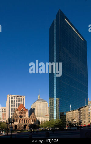 Boston's  Trinity Church and the two John Hancock Buildings in Copley Square. Stock Photo