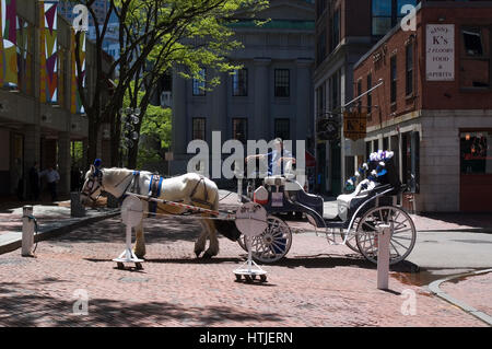A Horse and Carriage waiting for a customer in the faneuil Hall Market Place. Stock Photo