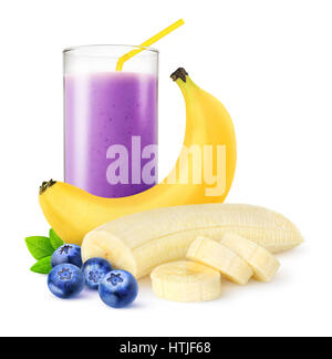 Isolated fruit drink. One glass of blueberry banana smoothie isolated on white with clipping path Stock Photo