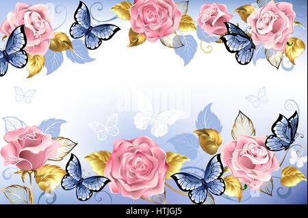 Pink roses with blue butterflies with golden leaves on a light blue background.  Design with roses. Pink rose. Trendy colors. Rose Quartz and serenity Stock Vector