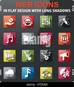 music icons set in flat design with long shadow Stock Vector