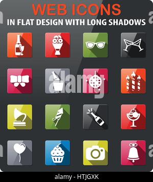Party icons set in flat design with long shadow Stock Vector