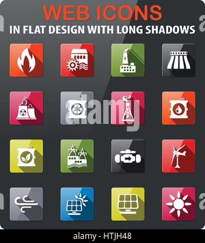 Power generation icons set in flat design with long shadow Stock Vector