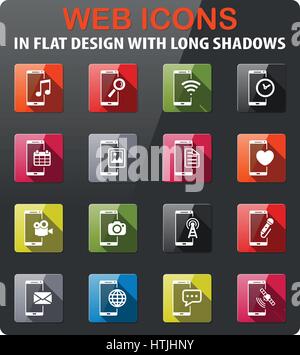 Smartphone icons set in flat design with long shadow Stock Vector