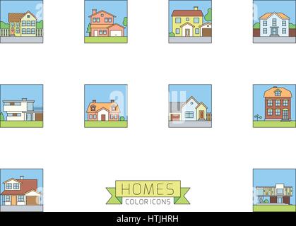 Variety of residential buildings square line icons with color fill Stock Vector