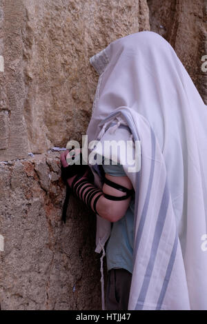 Ultra Orthodox Jew wrapped with traditional religious Talit shawl and Tefillin phylacteries at prayer in the Western Wall or Kotel old city East  Jerusalem Israel Stock Photo