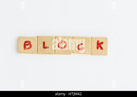 the word Block  formed with letters written on squares of wood dowels Stock Photo