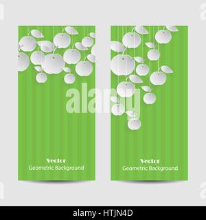 Set of vertical banners. Paper apples with drop shadows hanging on strings. Green striped background. Stock Vector