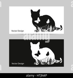 Set of horizontal banners. Silhouettes of cat with butterflies in black and white style. Stock Vector