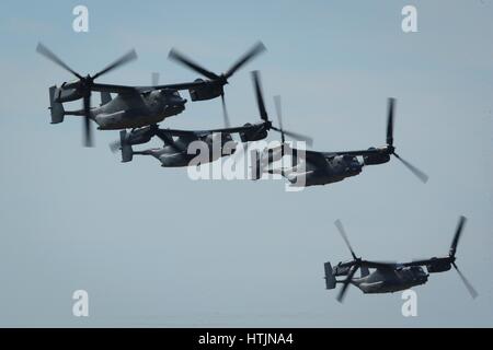 Four U.S. Marine Corps CV-22 Osprey aircraft fly in formation over Hurlburt Field February 3, 2017 near Mary Esther, Florida.        (photo by Dennis Spain /US Air Force  via Planetpix) Stock Photo