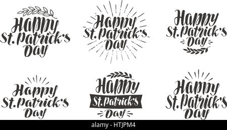 Happy St. Patrick's Day, greeting card. Holiday icons, label set. Lettering, calligraphy vector illustration Stock Vector