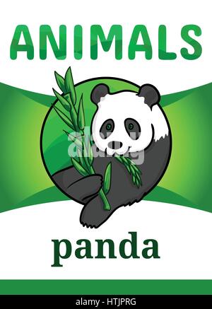 Printable animal flash card, vector illustration. Suitable for teaching children new words. Giant panda bear, black and white color, eating bamboo bra Stock Vector