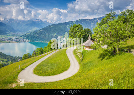 Winding mountain road in beautiful mountain scenery in the Alps in summer, Zell am See, Salzburg Land, Austria