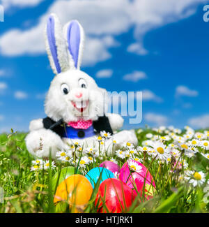 Beautiful view of colorful Easter eggs with funny Easter bunny in the background lying in the grass on a sunny day Stock Photo