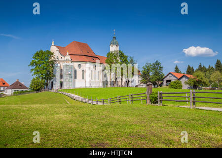 Beautiful view of famous oval rococo Pilgrimage Church of Wies (Wieskirche), a UNESCO World Heritage Site since 1983, Bavaria, Germany Stock Photo