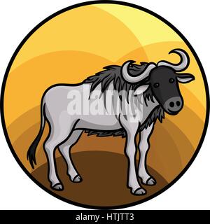 Animal art, cute cartoon style, hand drawn vector illustration. Wildebeest or gnu antelope, lives in African savannah. Cartoon style Stock Vector