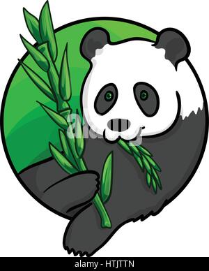 Animal art, cute cartoon style, hand drawn vector illustration. Giant panda bear, black and white color, eating bamboo branch. Cartoon style Stock Vector