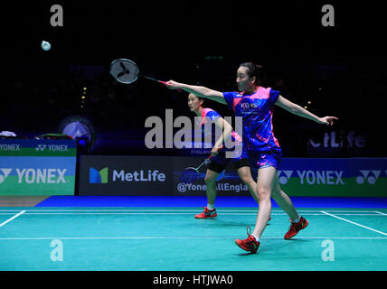 South Korea's Lee So-Hee and Chang Ye Na take on Denmark's Kamilla Rytter and Christinna Pedersen in the Women's Doubles Final during day six of the YONEX All England Open Badminton Championships at the Barclaycard Arena, Birmingham. Stock Photo
