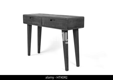 A contemporary console table - made out of burnt wood according the shou-sugi-ban technique - photographed on a white background. Interior design Stock Photo