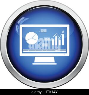 Monitor with analytics diagram icon. Glossy button design. Vector illustration. Stock Vector