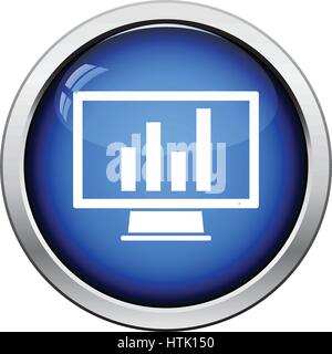 Monitor with analytics diagram icon. Glossy button design. Vector illustration. Stock Vector