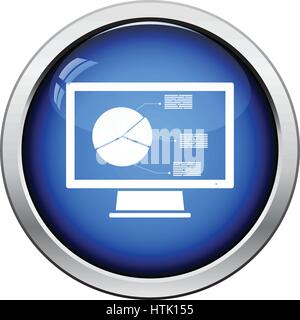 Monitor with analytics diagram icon. Glossy button design. Vector illustration. Stock Vector
