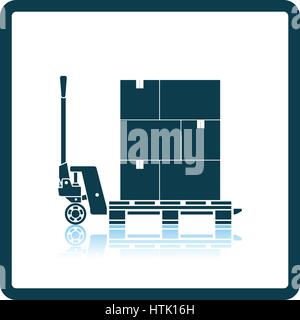 Hand hydraulic pallet truc with boxes icon. Shadow reflection design. Vector illustration. Stock Vector