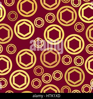 vector seamless pattern - golden circles and hexagons on red background Stock Vector