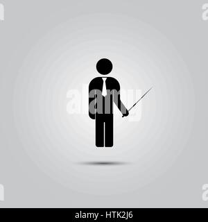 The man standing with a pointer. Flat Web icon or the icon, isolated on a gray background. Stock Vector