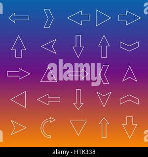 A set of twenty-five different arrows from thin lines, vector illustration. Stock Vector