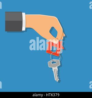 businessman holds in hand home keys. purchase or rental real estate concept with flat style icon. isolated vector illustration Stock Vector