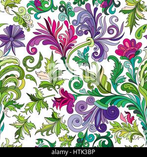 Decorative hand drawn doodle nature ornamental curl vector sketchy seamless pattern. Green curl and leaves with violet flowers. Stock Vector