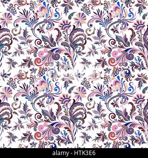 Vintage baroque seamless pattern with swirls and flowers, vector illustration. Lilac background Stock Vector