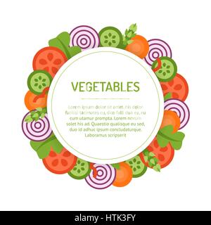 Round vegetable frame isolated on white background. Assorted sliced vegetables for salad. Vector template. Flat style. Stock Vector